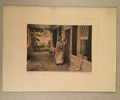 Vtg. VILLAR HAND-COLORED PHOTOGRAPH Returning A Call, Victorian Woman in Bonnet