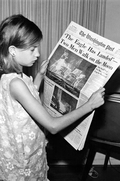 New NASA Photo: Girl with Apollo 11 Lunar Moon Landing Newspaper, 1969 – 6 Sizes