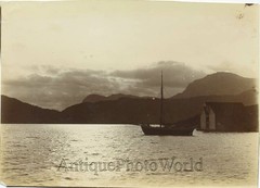 Sail boat on mountain lake antique art photo