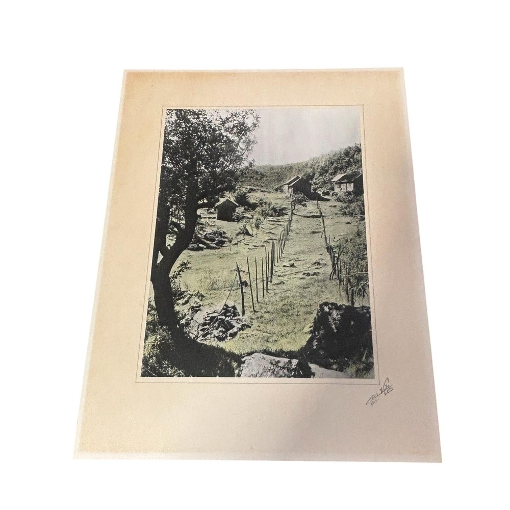 Signed Hand-Colored Rural Landscape Cabin Photograph Matted Vintage Art