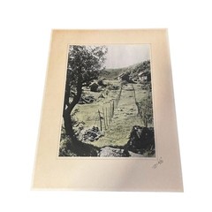 Signed Hand-Colored Rural Landscape Cabin Photograph Matted Vintage Art