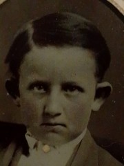 Antique 1870s Tin Type Photo Young Boy Child Big Ears Unique Stare Creepy Victo