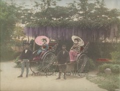 Japan young wealthy women w umbrellas on rickshaw carriages antique tinted photo