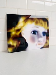 Surreal Photograph Art of Blonde Doll with Blue Eyes, Pop Art, Barbie Face Close