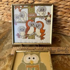 Owls Artwork and Vtg Napkin: Framed