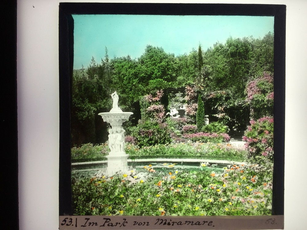 Vintage Glass Slide Photo Plate Park MIRAMARE ITALY ITALY c1906 8×8 HAND COLORED