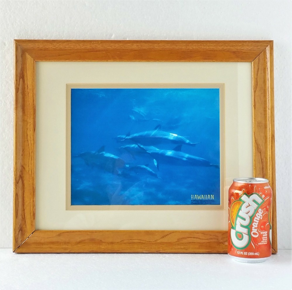 Vintage Solid Oak Frame w/ Art Photo Print Picture Hawaiian Ocean Scene Dolphins