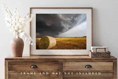 Country Photography Print – Storm Over Round Hay Bale on Stormy Day in Kansas