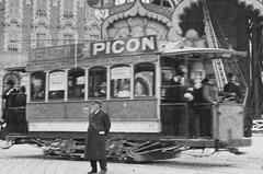 STEREO GLASS NEGATIVE tram w guide, PICON ad, carnival, conductor, NICE, vintage