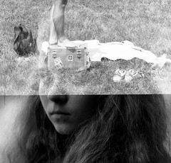 double exposure, ghost, sexy woman working w NIKON photo camera, vintage fine