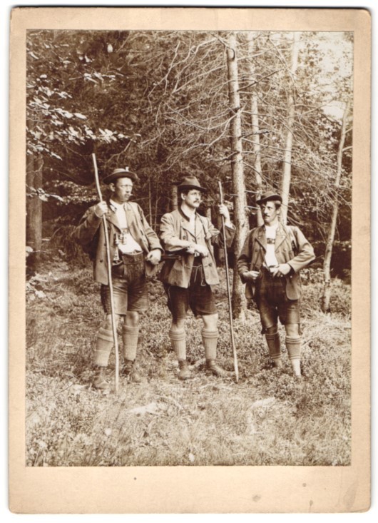 Photograph Three Hunters with Shotgun and Binoculars at the Edge of the Forest, Walking Stick, 1908