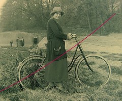 Bicycle driver woman with bicycle historical glass negative around 1920