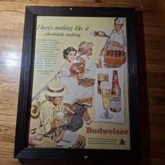 Vintage 1950s Budweiser Beer Baseball Advertisement Picture Framed Glass