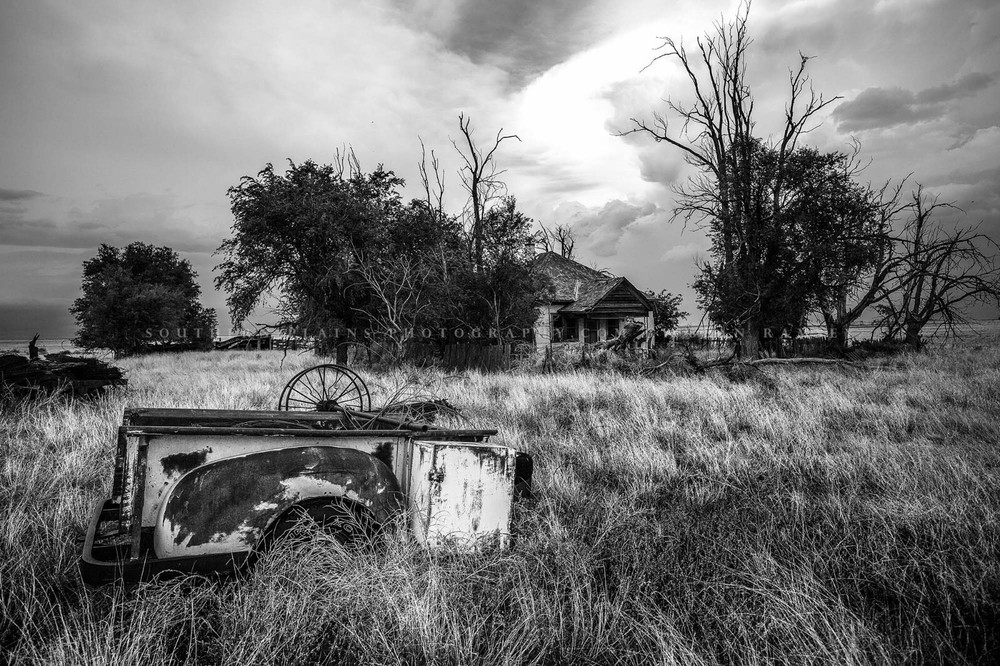 Rusted Pickup Bed and Abandoned House Oklahoma Black and White Photography Print