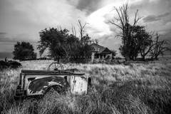 Rusted Pickup Bed and Abandoned House Oklahoma Black and White Photography Print