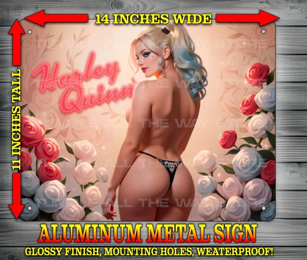 Sexy Harley Quinn Bad Girl Vixen with Roses Metal Sign Wall Art 14″ x 11″