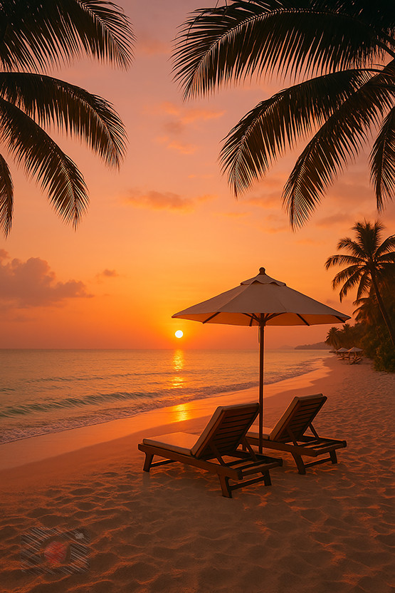 Digital Photo Art Wallpaper, Sunset Beach with Palm Trees and Lounge Chairs