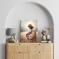 Jesus and Lamb Canvas Wall Art Christian Jesus the Good Shepherd Painting pic…