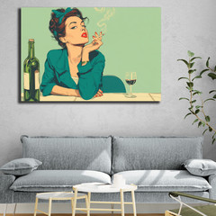 Retro Pop Art Woman Smoking Cigarette with Wine Bottle and Glass, Vintage Comic
