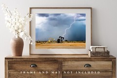 Storm Photography Print – Picture of Lightning Bolt and Pump Jacks in Oklahoma