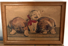 Vintage 3D Framed Picture of Kitten With Red Bow and two Puppies