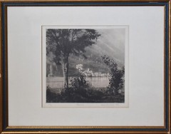 HERBERT BAIRSTOW-British -Hand Signed Bromoil Transfer Print-Gandria View-RARE