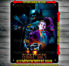 Batman 89 and Joker with Batmobile Style Metal Sign Wall Art 14×11″