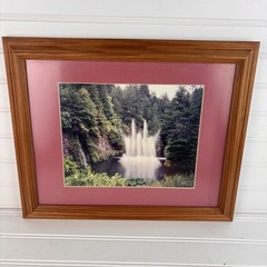 Vintage Framed Landscape Photography Fountain Pond Trees Nature Art Print 16×13″