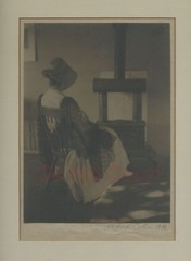 Woman resting by fireplace antique framed art photo by Alfred Cohn
