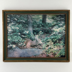 Vintage 3D Lenticular Photo Wildlife Deer Forest Framed Cabin Rustic 18×14″