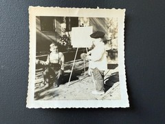 2 CHILD ARTIST WEARING BERET Original Black and White Photos 3 1/2″ X 3 1/2″