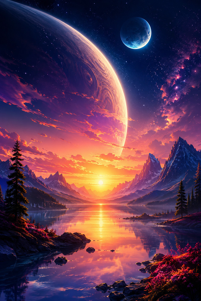 Celestial Horizon Fantasy Sci-Fi Art Wallpaper | Vibrant Space Landscape
