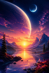 Celestial Horizon Fantasy Sci-Fi Art Wallpaper | Vibrant Space Landscape