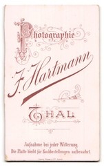 Photograph J. Hartmann, Thal, portrait lady in dress with curls and brooch