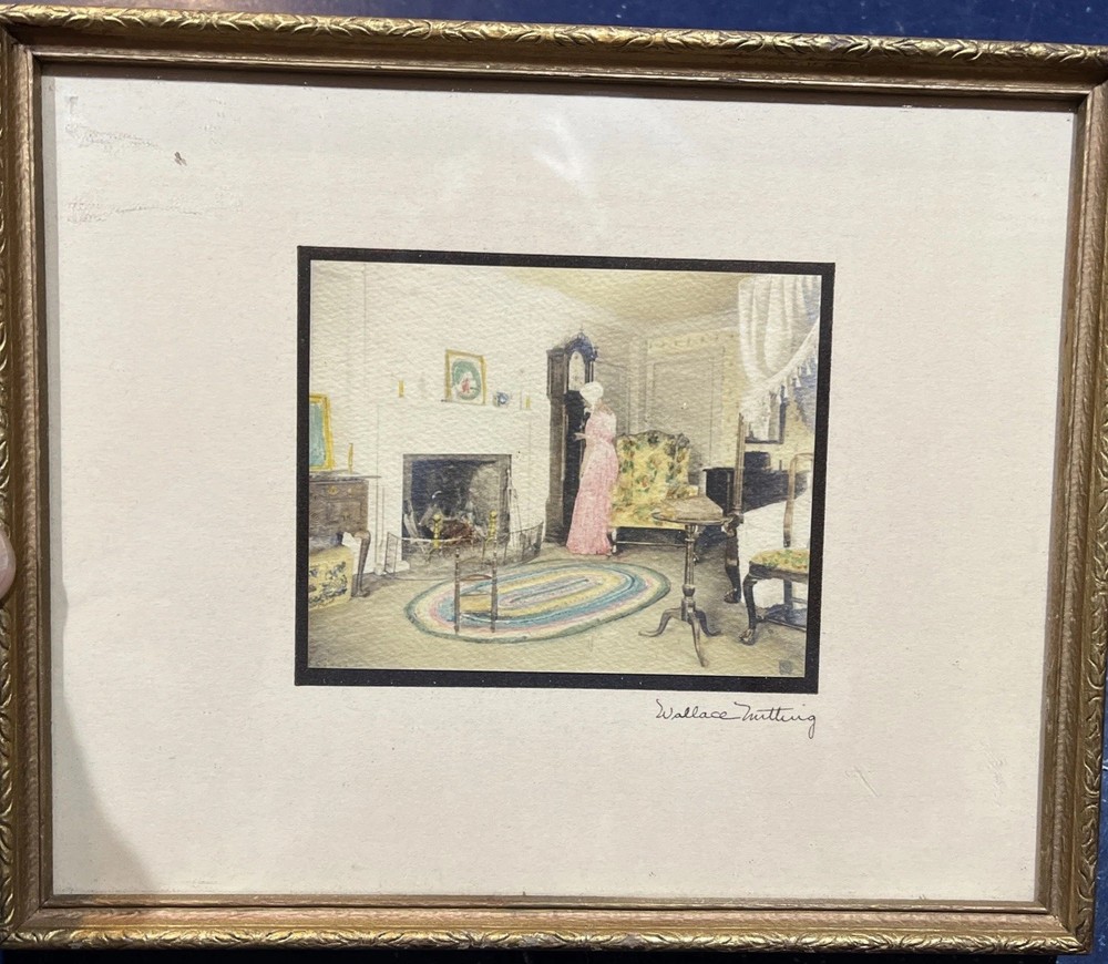 Wallace Nutting WINDING AN OLD TALL CLOCK, 1913 signed & frame Color Photo 8.5×7