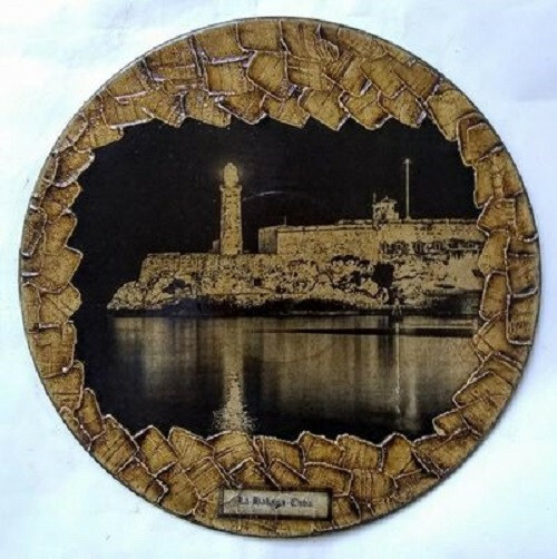 Original Cuban Art and Crafts on Old Recycled Record Disc. Title «El Morro»