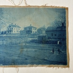 Antique Cyanotype Old New England Town Unknown Farm Linen Fabric Photograph Blue