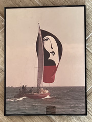 Vintage ART DECO Sailboat Photo Framed Lady Face Sail 18″H x 13″W Photograph