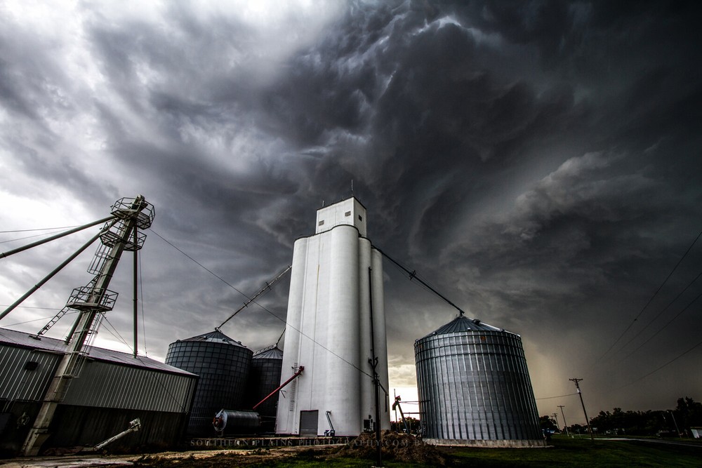 Country Photography Print of Storm Clouds Swirling Over Grain Elevator in Kansas