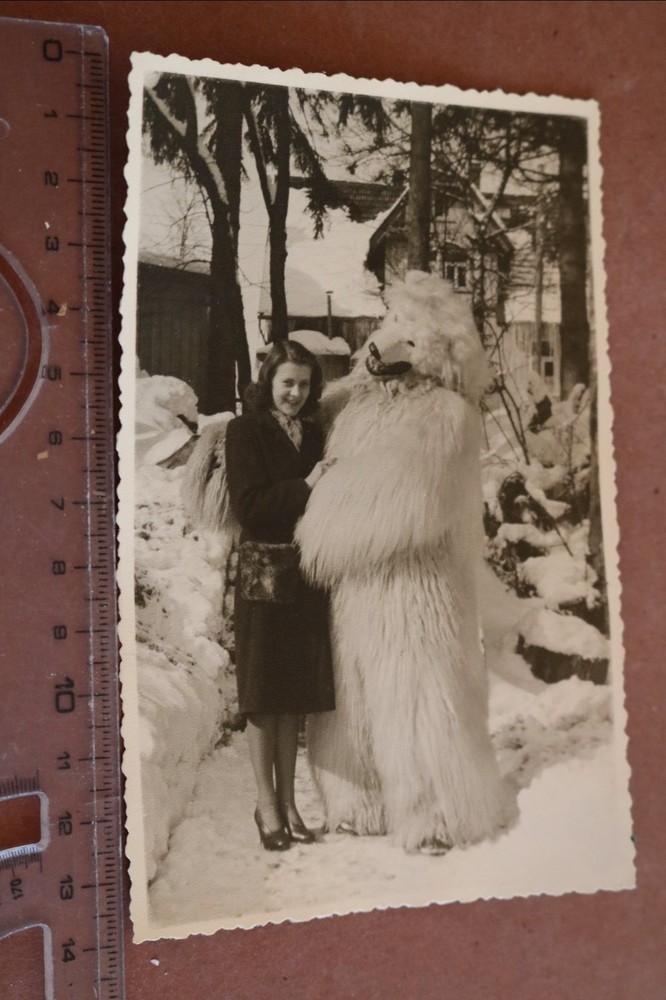 Great old photo pretty woman and person in polar bear costume – 1930s-40s?