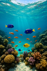 Digital Photo Art Wallpaper, Colorful Coral Reef with Tropical Fish Underwater
