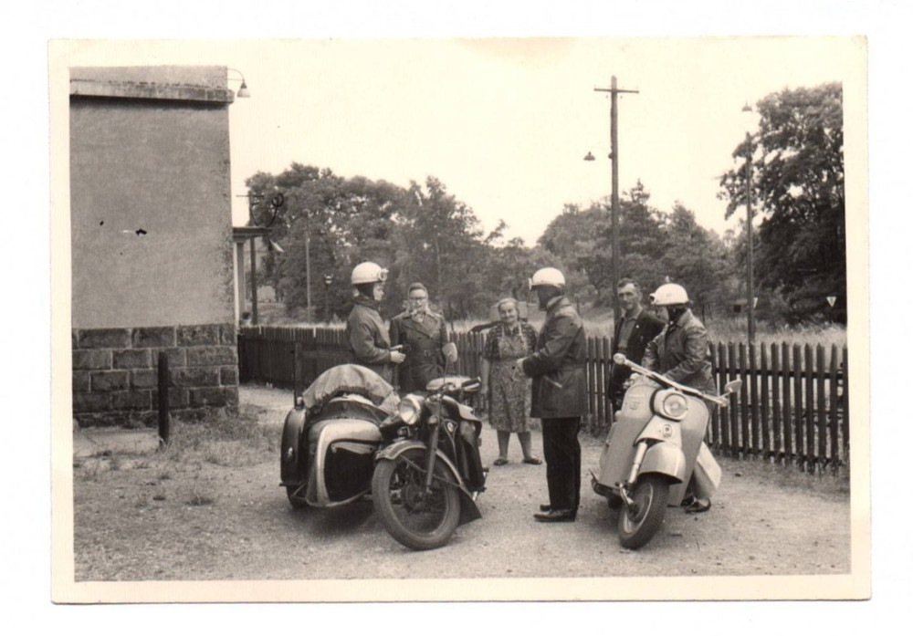 Photo IWL Troll 1 GDR Scooter and EMW Motorcycle Men Group Sidecar 1954