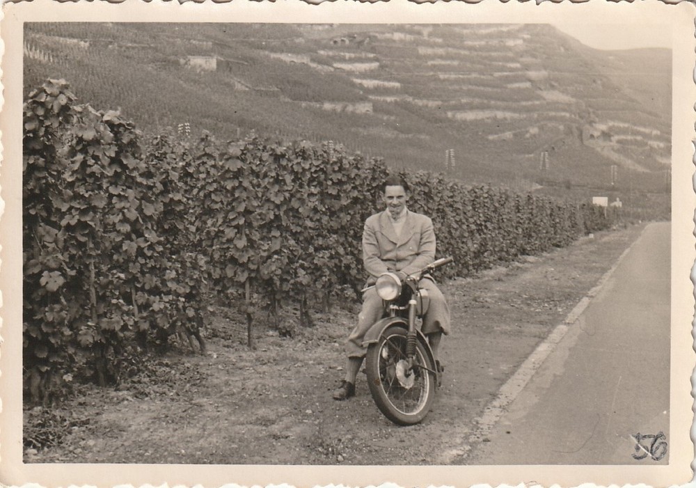 Vintage Photo Man Next to Vineyards on Motorcycle 1956
