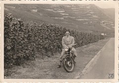 Vintage Photo Man Next to Vineyards on Motorcycle 1956