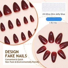 30Pcs Wine Red Press On Nails Short Oval, Thick Acrylic Press Ons, Short Almond N…
