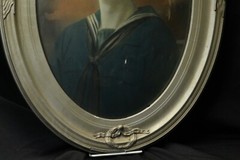 1918 WWI Hand Painted Navy Sailor Photo Oil Oval Bubble Glass Frame USA Flag