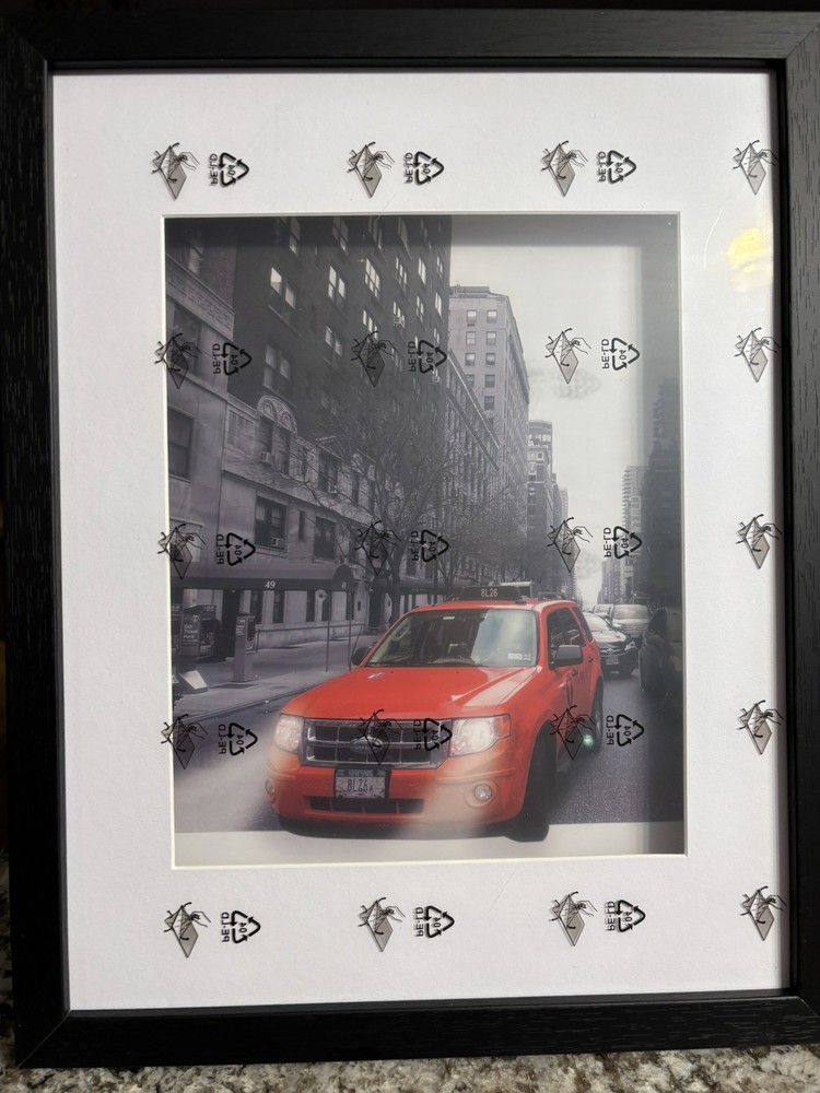 Framed Color Photograph Red Car Urban Cityscape Travel & Transportation Art