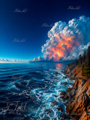 Digital Art Picture Seascape Clouds Sea Rocks Trees Storm Background Wallpaper