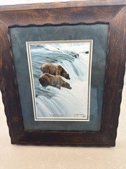 Rustic Framed Bear Print “Fall Guys” Signed Wyman 1998 Wildlife Cabin Decor