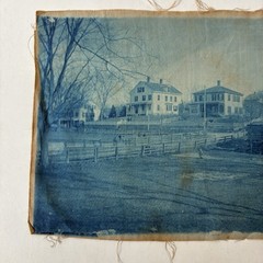 Antique Cyanotype Old New England Town Unknown Farm Linen Fabric Photograph Blue